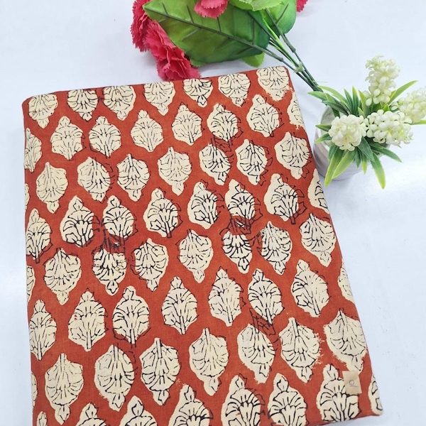 Pre-order hand block printed cotton rust and cream leaf 3321
