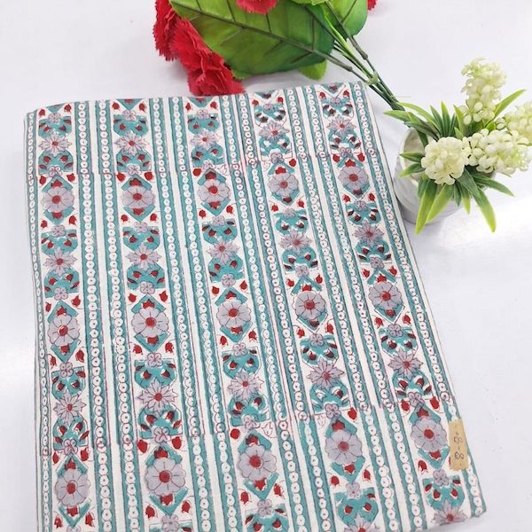 Pre-order hand block printed cotton teal and pink floral stripes 3322