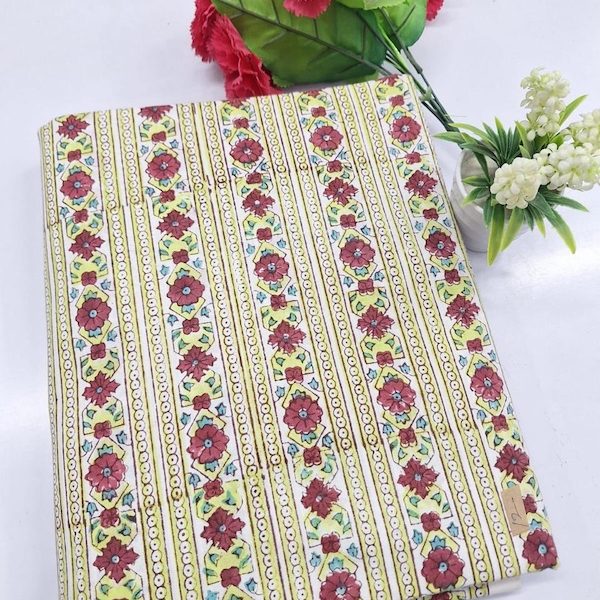 Pre-order hand block printed cotton cream and red floral stripes 3324