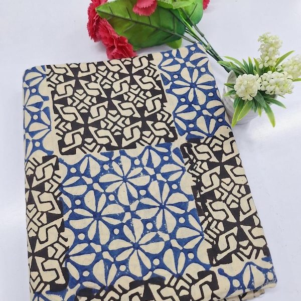 Pre-order hand block printed cotton blue and black geometric 3325