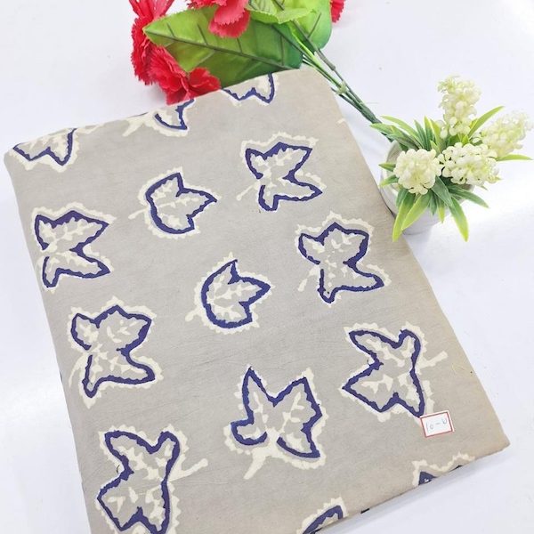 Pre-order hand block printed cotton grey and navy leaf 3326