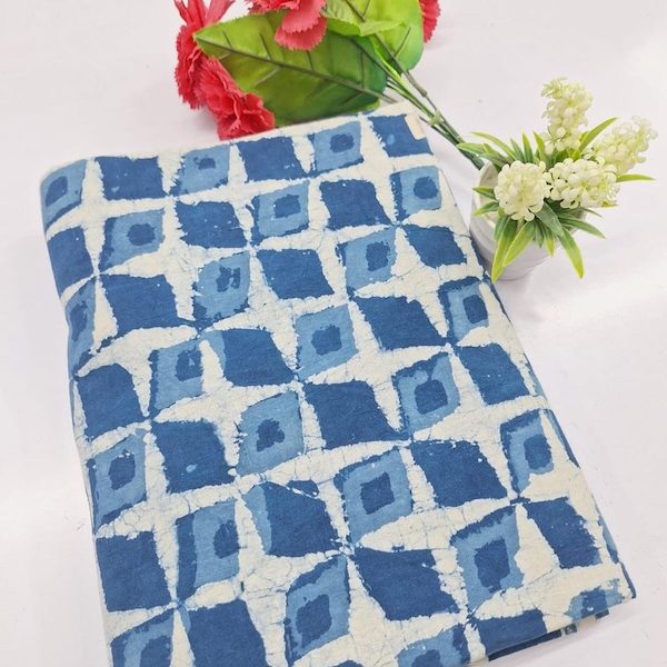 Pre-order hand block printed cotton indigo geometric 3327