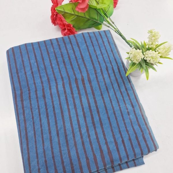 Pre-order hand block printed cotton blue and maroon stripes 3328
