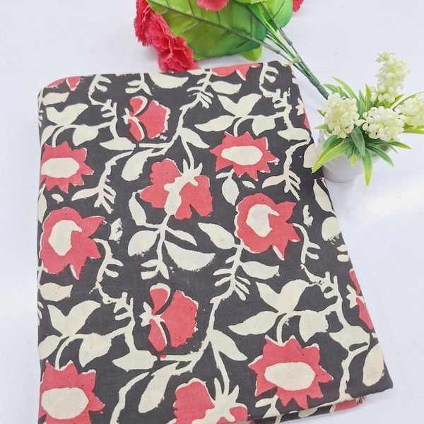 Pre-order hand block printed cotton black and pink floral 3332