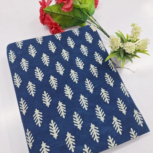 Pre-order hand block printed cotton navy blue leaf 3333