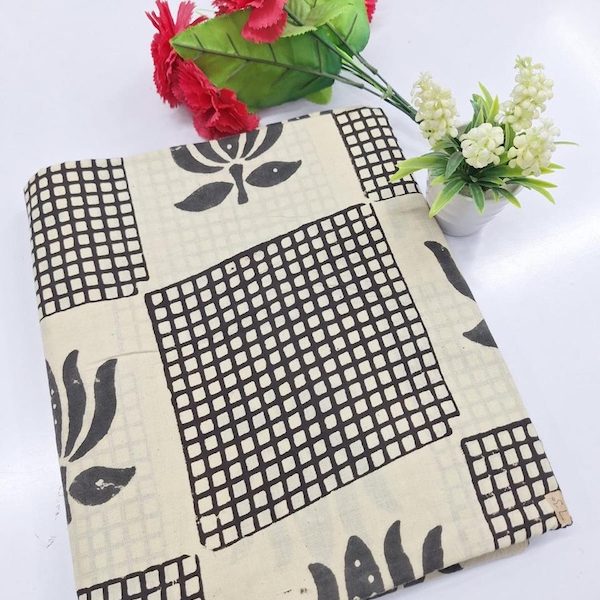 Pre-order hand block printed cotton cream and black checks 3336
