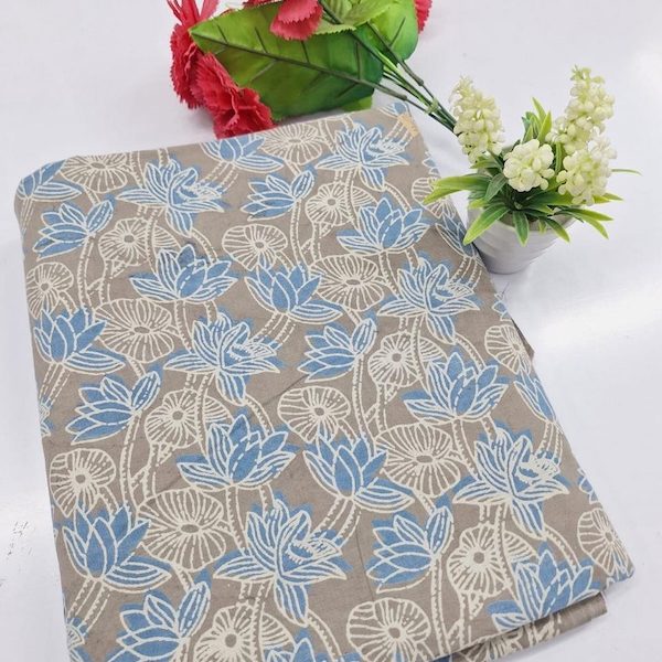 Pre-order hand block printed cotton grey and blue lotus floral 3337