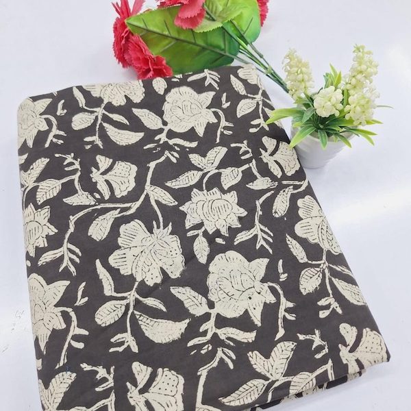 Pre-order hand block printed cotton black and cream floral 3338