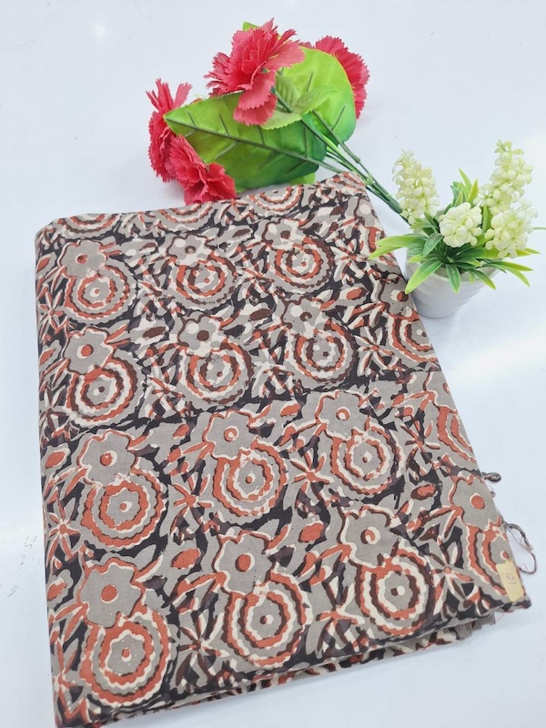 Pre-order hand block printed cotton grey and rust floral 3340