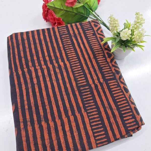 Pre-order hand block printed cotton rust and black stripes 3341