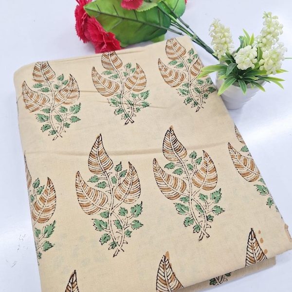 Pre-order hand block printed cotton cream and green leaf 3342