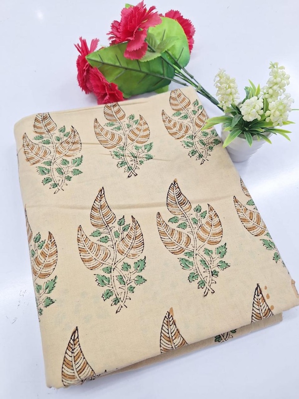 Pre-order hand block printed cotton cream and green leaf 3342