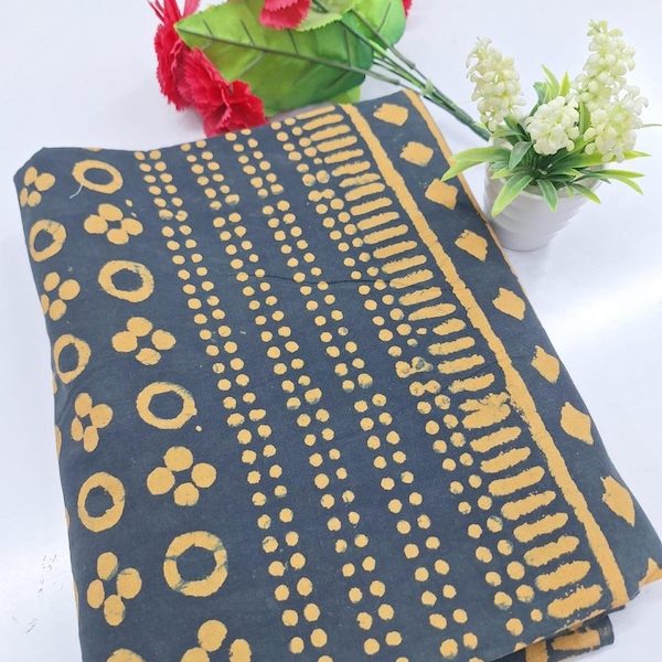 Pre-order hand block printed cotton grey and mustard dots 3343
