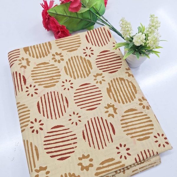 Pre-order hand block printed cotton beige and brown circles 3344