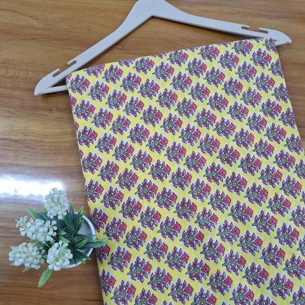 Pre-order hand block printed cotton yellow and purple floral 3345