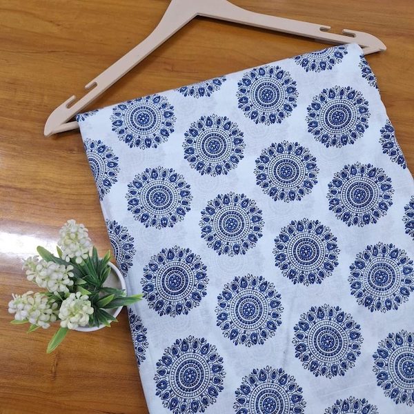 Pre-order hand block printed cotton white and navy medallion 3349