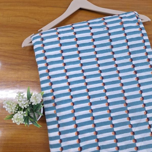 Pre-order hand block printed cotton white and teal stripes 3350