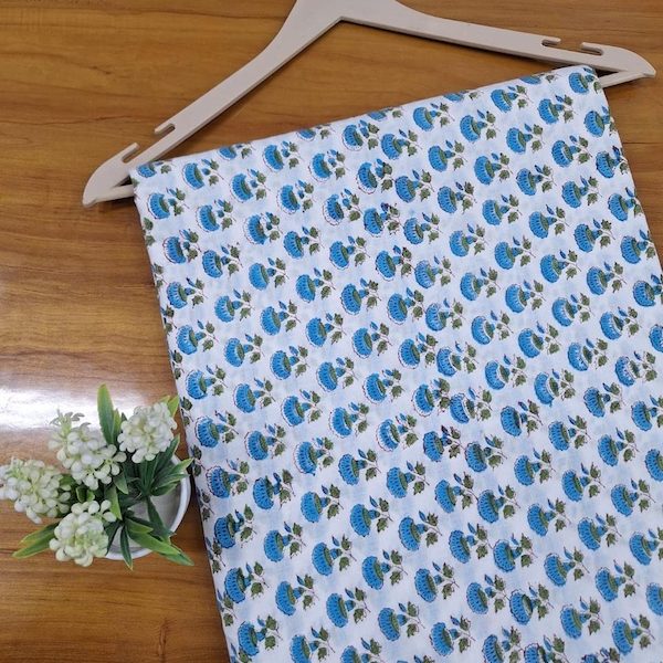 Pre-order hand block printed cotton white and blue floral 3352