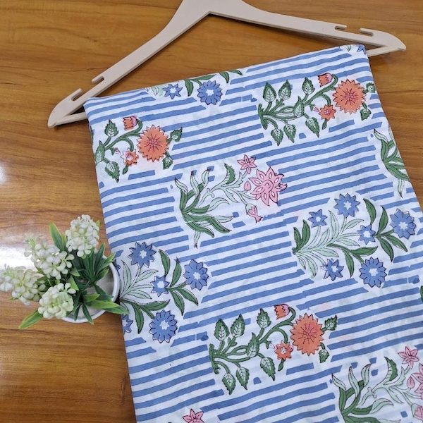 Pre-order hand block printed cotton blue and white striped floral 3353