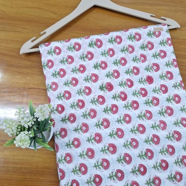 Pre-order hand block printed cotton white and pink floral 3354
