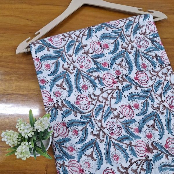 Pre-order hand block printed cotton white, teal and pink floral 3355
