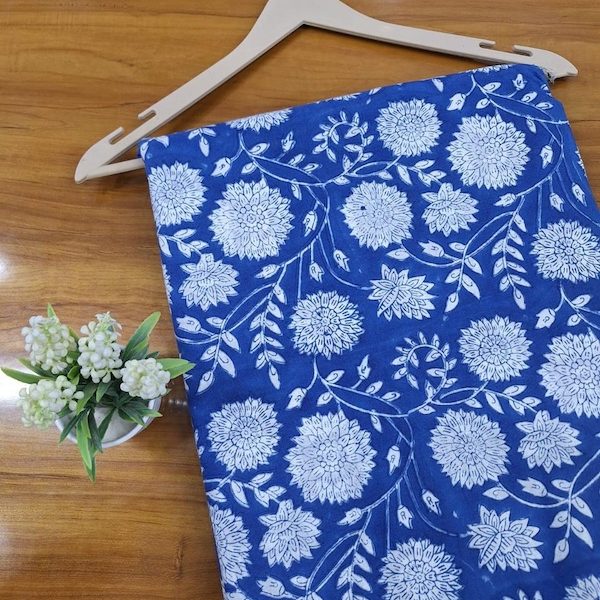 Pre-order hand block printed cotton royal blue and white floral 3356
