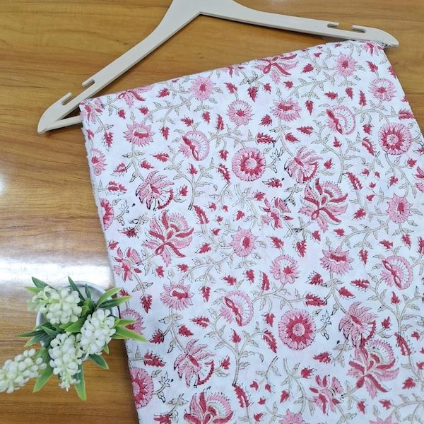 Pre-order hand block printed cotton white and soft pink floral 3357