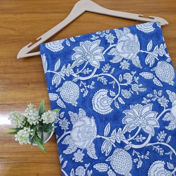 Pre-order hand block printed cotton blue and white floral 3358
