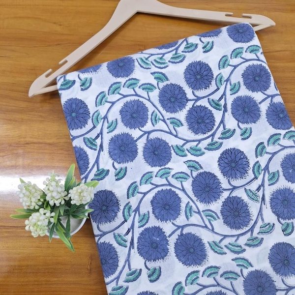 Pre-order hand block printed cotton white and blue floral 3359