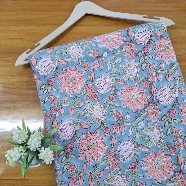 Pre-order hand block printed cotton grey blue and peach floral 3360