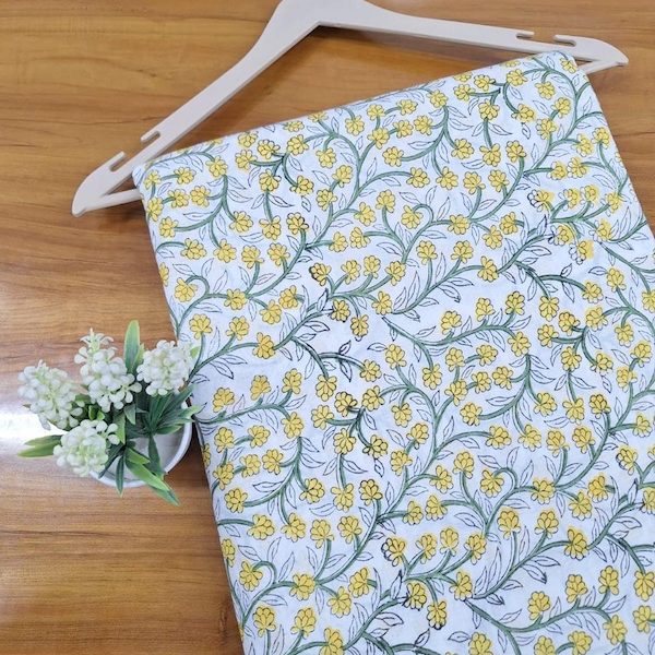 Pre-order hand block printed cotton white and yellow floral 3361