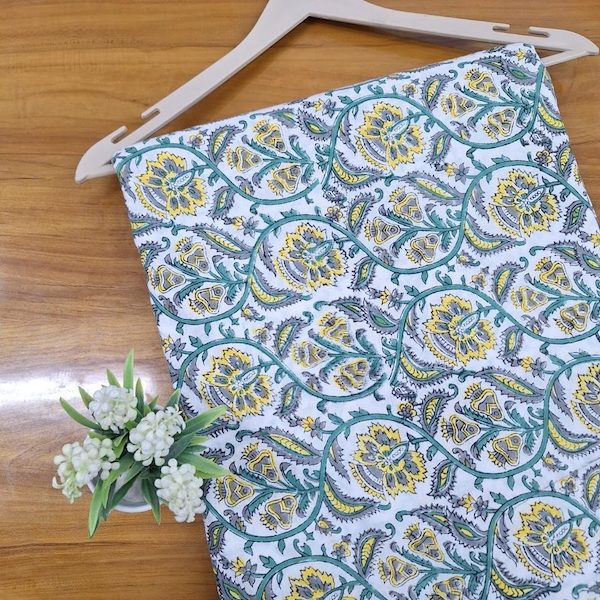 Pre-order hand block printed cotton white, teal and yellow floral 3362