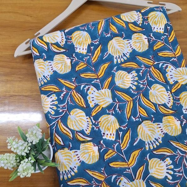 Pre-order hand block printed cotton teal and yellow floral 3363