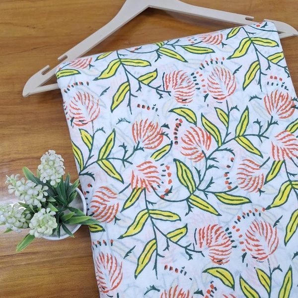 Pre-order hand block printed cotton white and orange floral 3364