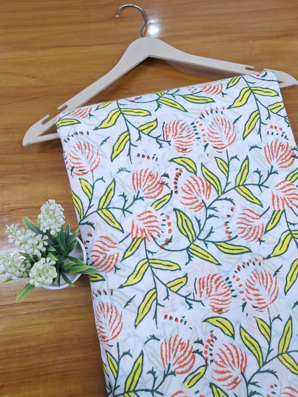 Pre-order hand block printed cotton white and orange floral 3364