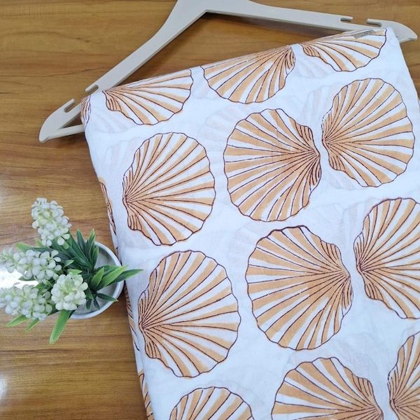 Pre-order hand block printed cotton white and peach seashell 3365