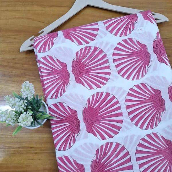 Pre-order hand block printed cotton white and pink seashell 3366