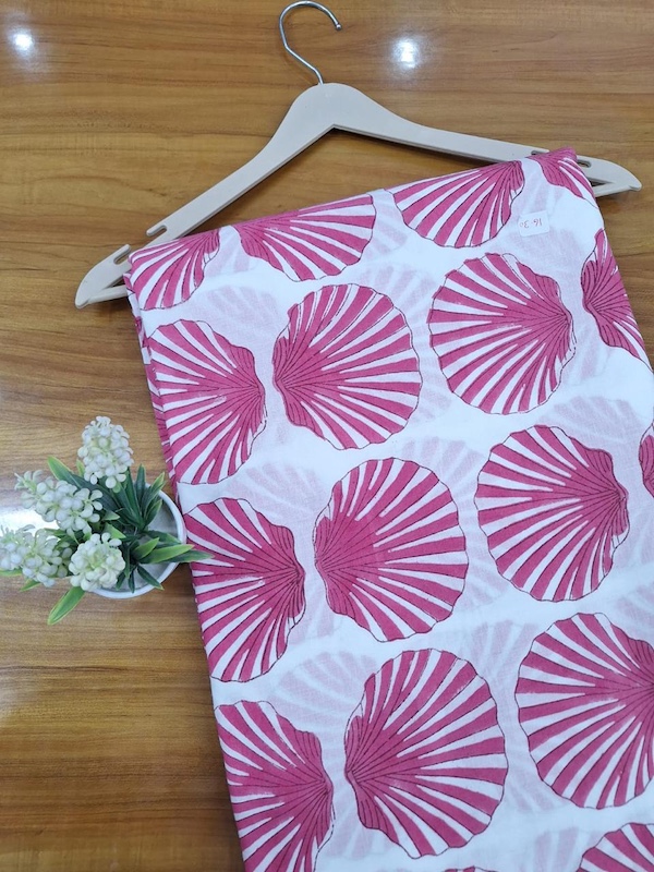 Pre-order hand block printed cotton white and pink seashell 3366