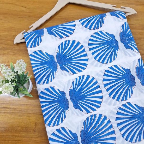 Pre-order hand block printed cotton white and blue seashell 3367
