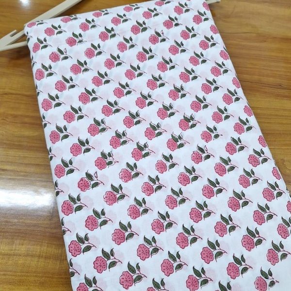 Pre-order hand block printed cotton white and pink floral 3368