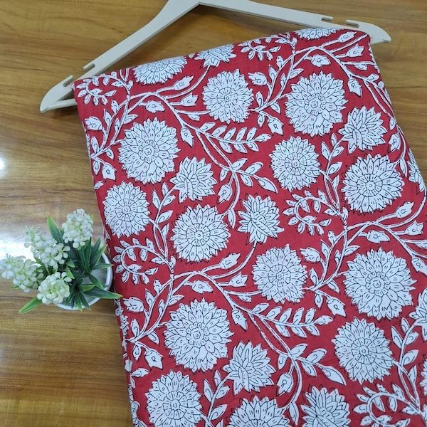 Pre-order hand block printed cotton red and white floral 3369