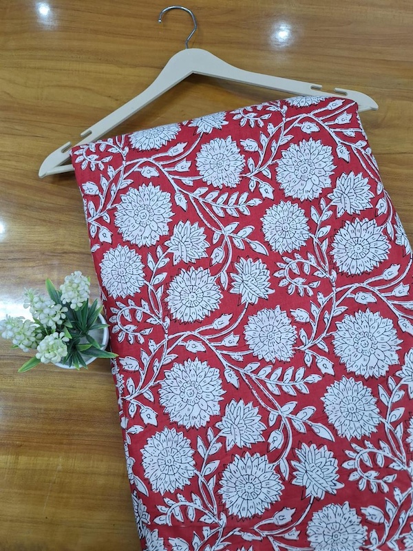 Pre-order hand block printed cotton red and white floral 3369