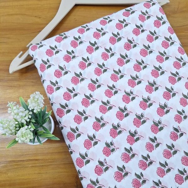 Pre-order hand block printed cotton white and pink floral 3370