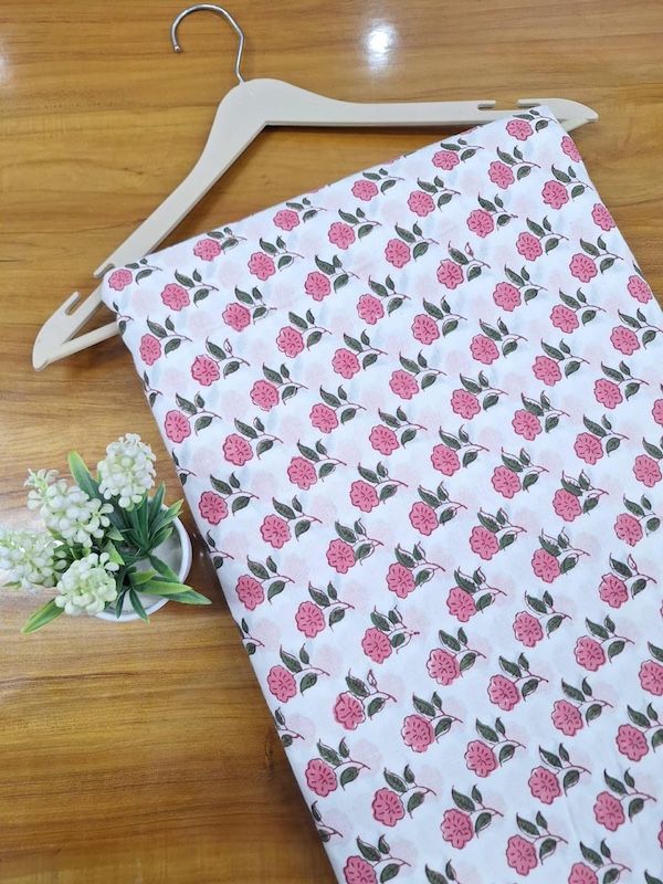 Pre-order hand block printed cotton white and pink floral 3370