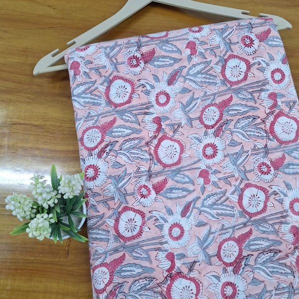 Pre-order hand block printed cotton peach and grey floral 3371