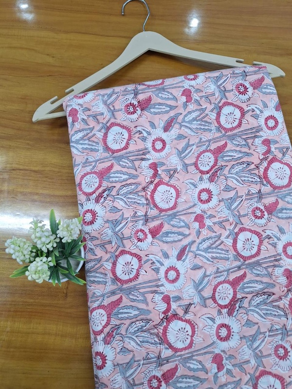 Pre-order hand block printed cotton peach and grey floral 3371