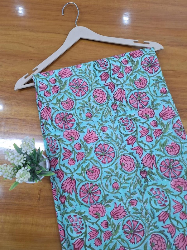 Pre-order hand block printed cotton turquoise and pink floral 3372