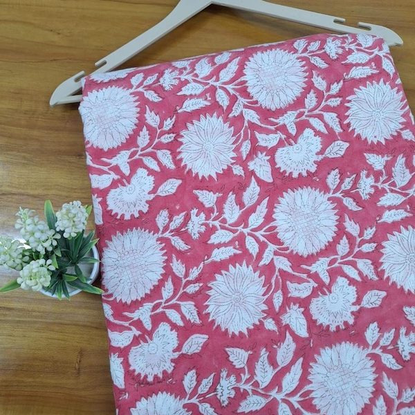 Pre-order hand block printed cotton coral pink and white floral 3373