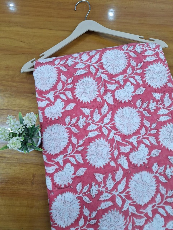 Pre-order hand block printed cotton coral pink and white floral 3373