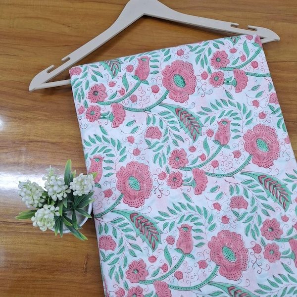 Pre-order hand block printed cotton white, pink and mint floral 3374